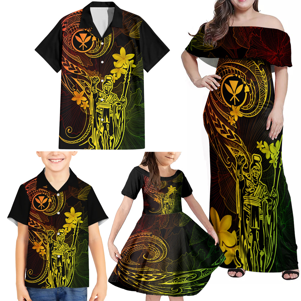 Hawaii Family Matching Off Shoulder Maxi Dress and Hawaiian Shirt King Kamehameha Mix Polynesian Plumeria Reggae Version LT14 - Polynesian Pride