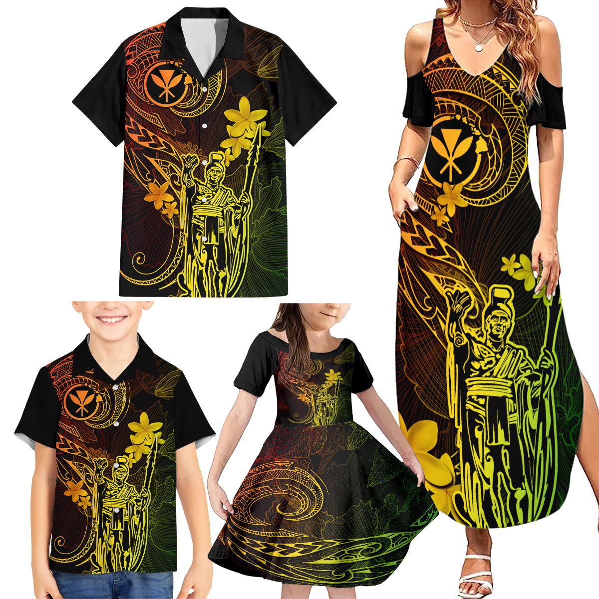 Hawaii Family Matching Summer Maxi Dress and Hawaiian Shirt King Kamehameha Mix Polynesian Plumeria Reggae Version LT14 - Polynesian Pride