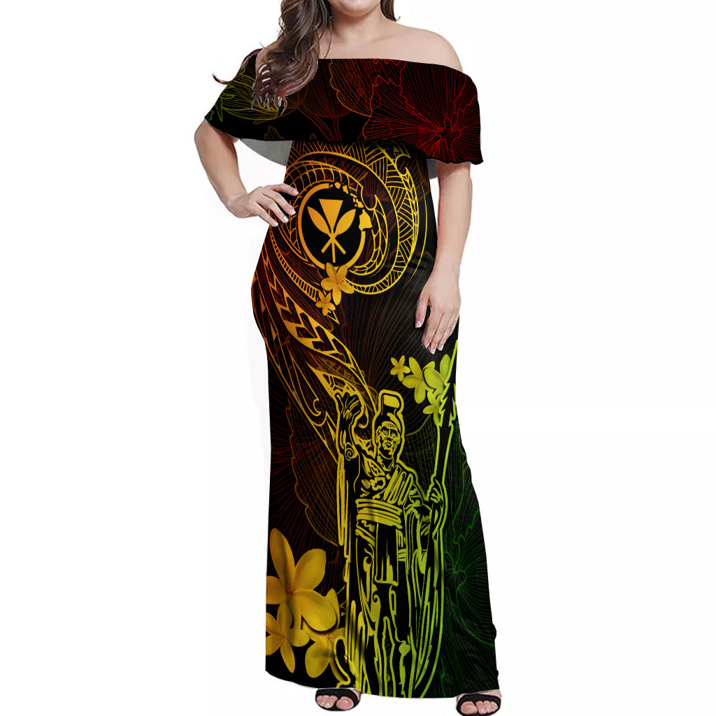 Hawaii Off Shoulder Maxi Dress King Kamehameha Mix Polynesian Plumeria Reggae Version LT14 Women Reggae - Polynesian Pride