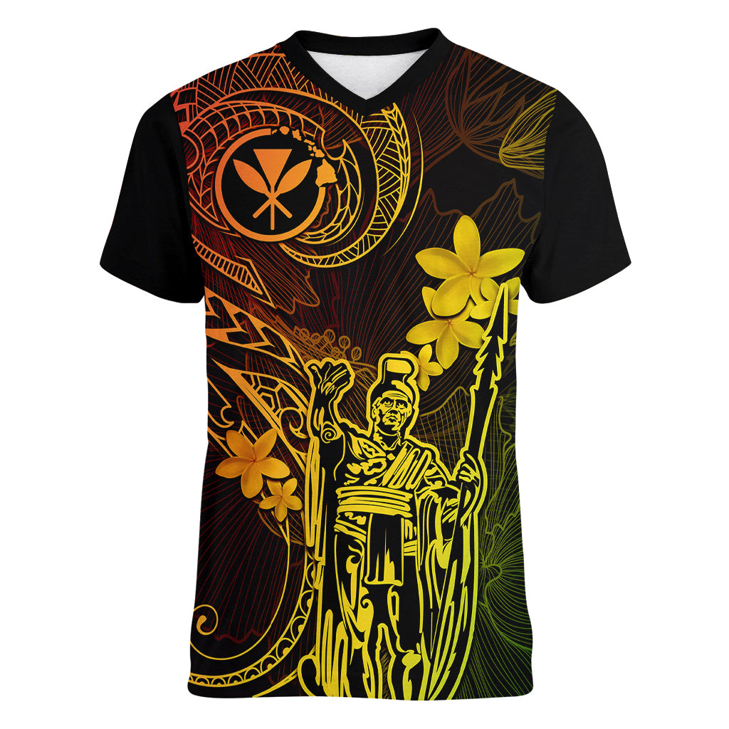 Hawaii Women V Neck T Shirt King Kamehameha Mix Polynesian Plumeria Reggae Version LT14 Female Reggae - Polynesian Pride
