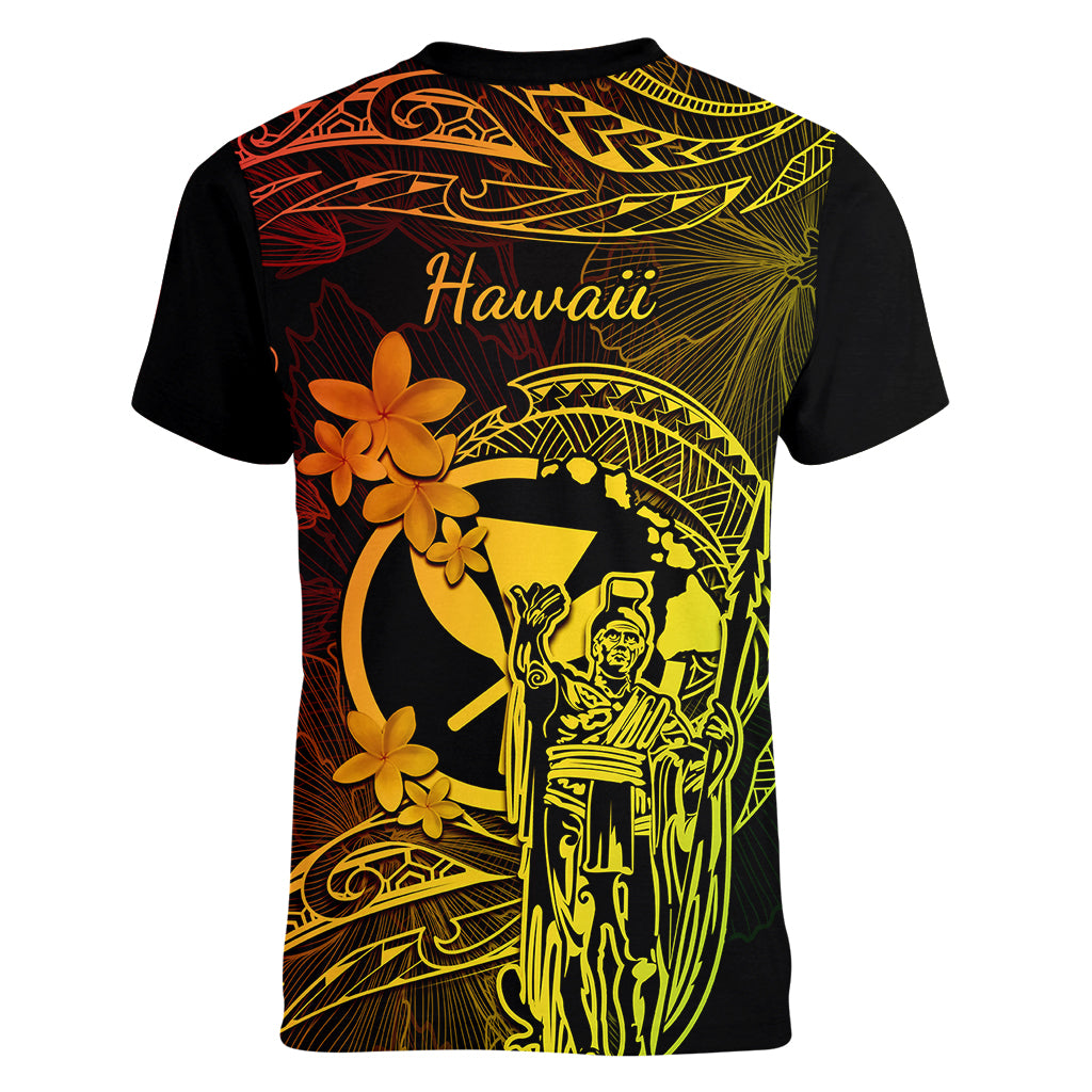 Hawaii Women V Neck T Shirt King Kamehameha Mix Polynesian Plumeria Reggae Version LT14 - Polynesian Pride
