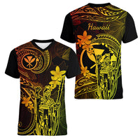 Hawaii Women V Neck T Shirt King Kamehameha Mix Polynesian Plumeria Reggae Version LT14 - Polynesian Pride