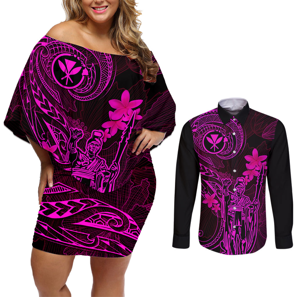Hawaii Couples Matching Off Shoulder Short Dress and Long Sleeve Button Shirts King Kamehameha Mix Polynesian Plumeria Pink Version LT14 Pink - Polynesian Pride