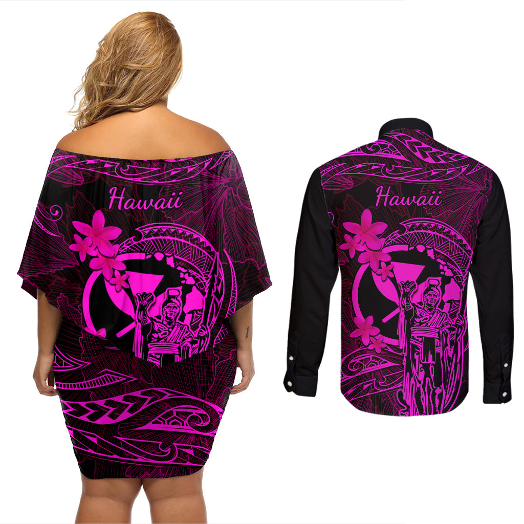 Hawaii Couples Matching Off Shoulder Short Dress and Long Sleeve Button Shirts King Kamehameha Mix Polynesian Plumeria Pink Version LT14 - Polynesian Pride