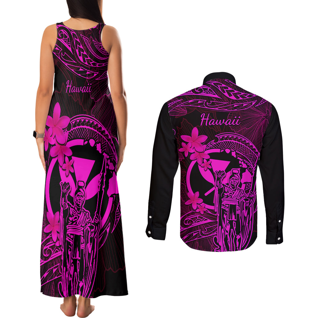 Hawaii Couples Matching Tank Maxi Dress and Long Sleeve Button Shirts King Kamehameha Mix Polynesian Plumeria Pink Version LT14 - Polynesian Pride