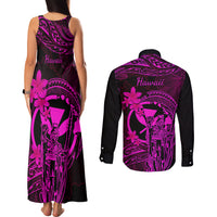 Hawaii Couples Matching Tank Maxi Dress and Long Sleeve Button Shirts King Kamehameha Mix Polynesian Plumeria Pink Version LT14 - Polynesian Pride
