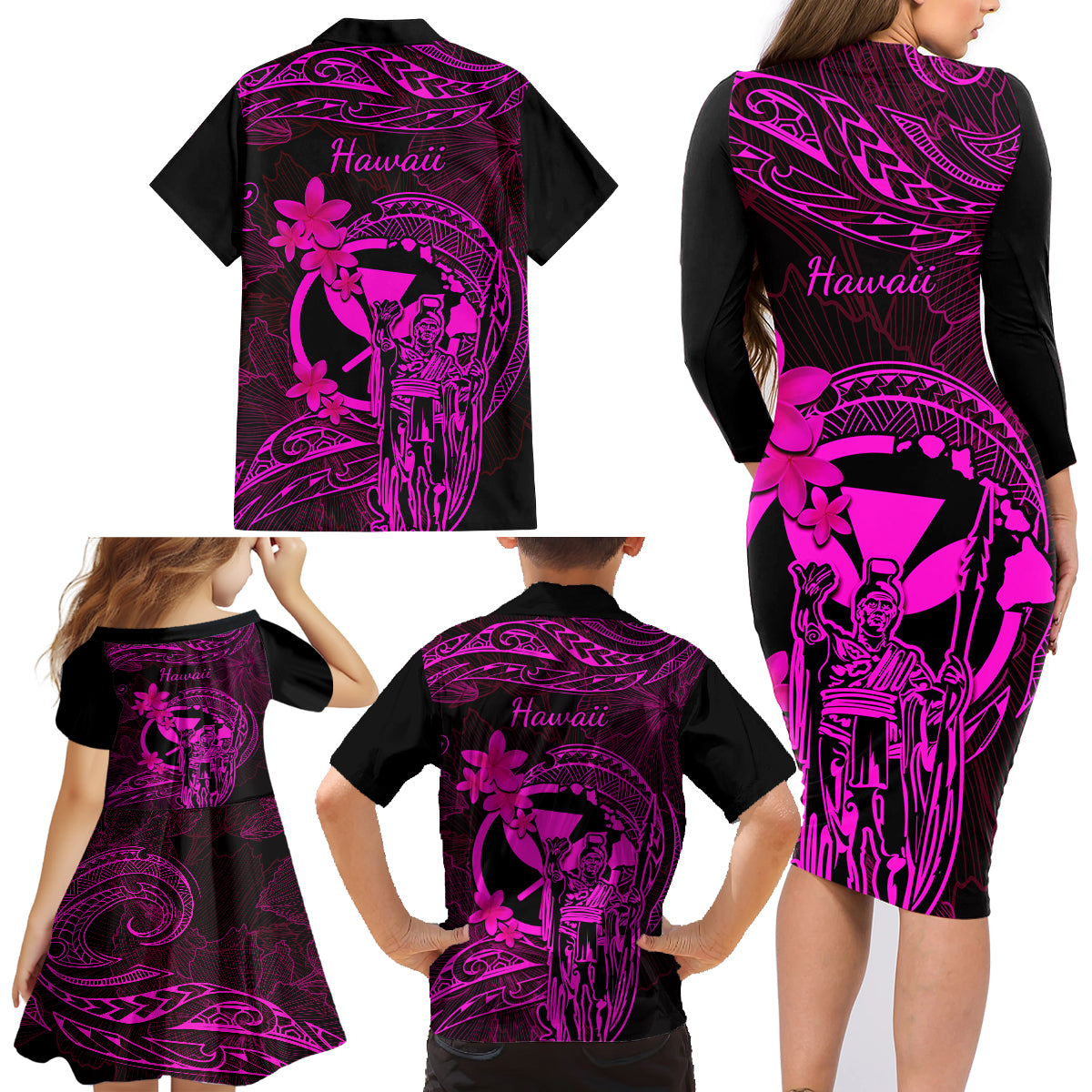 Hawaii Family Matching Long Sleeve Bodycon Dress and Hawaiian Shirt King Kamehameha Mix Polynesian Plumeria Pink Version LT14 - Polynesian Pride