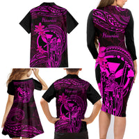 Hawaii Family Matching Long Sleeve Bodycon Dress and Hawaiian Shirt King Kamehameha Mix Polynesian Plumeria Pink Version LT14 - Polynesian Pride