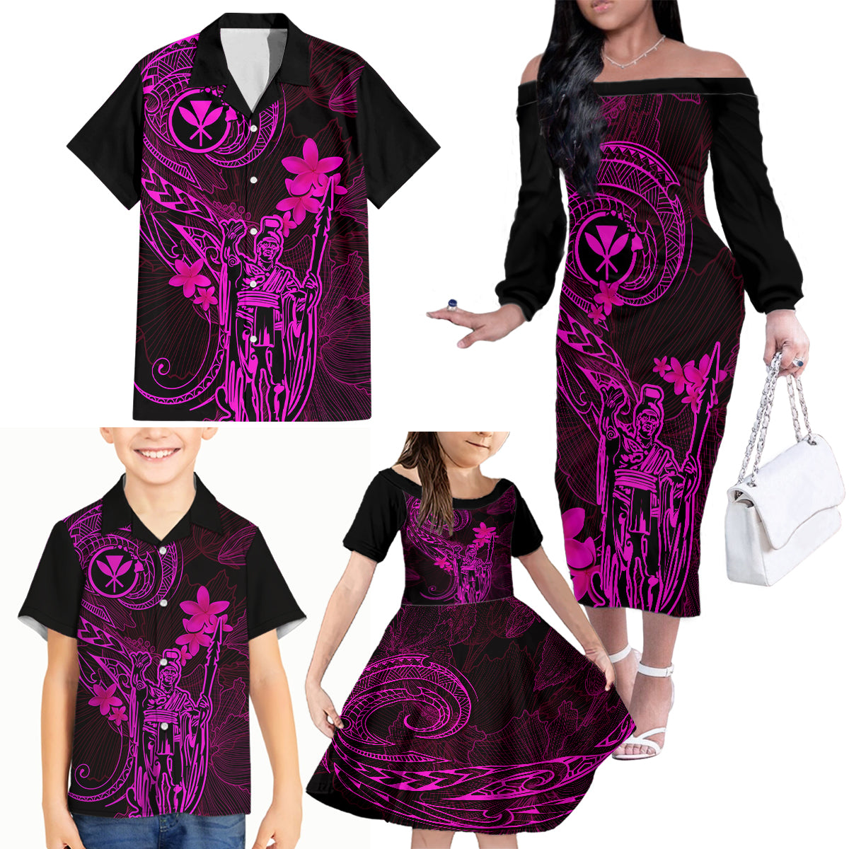 Hawaii Family Matching Off Shoulder Long Sleeve Dress and Hawaiian Shirt King Kamehameha Mix Polynesian Plumeria Pink Version LT14 - Polynesian Pride