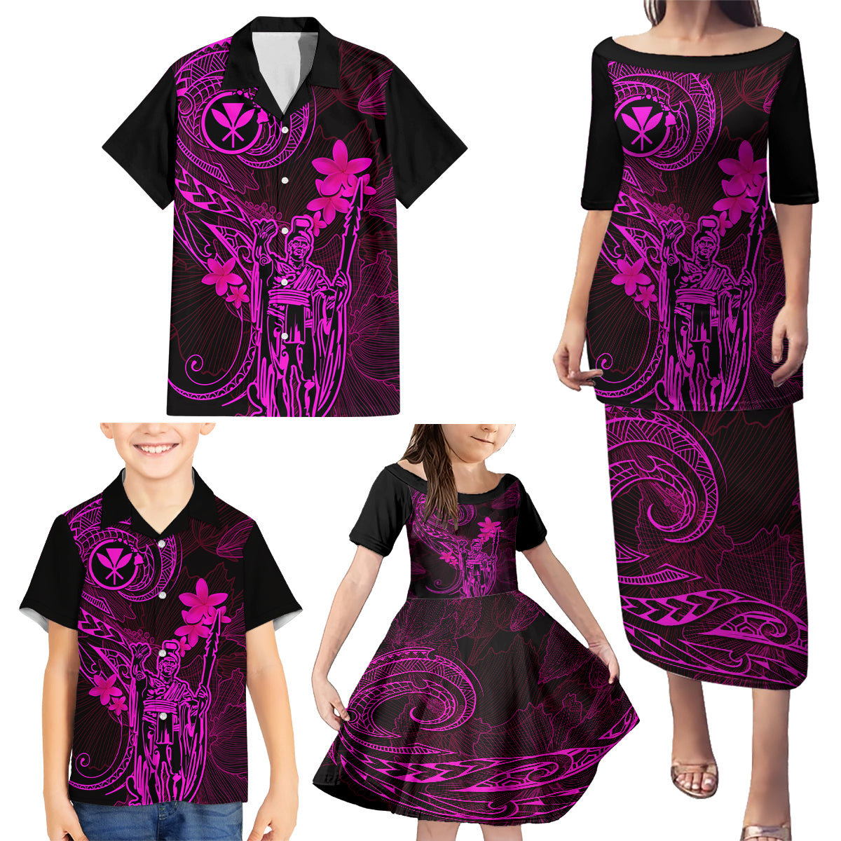 Hawaii Family Matching Puletasi Dress and Hawaiian Shirt King Kamehameha Mix Polynesian Plumeria Pink Version LT14 - Polynesian Pride