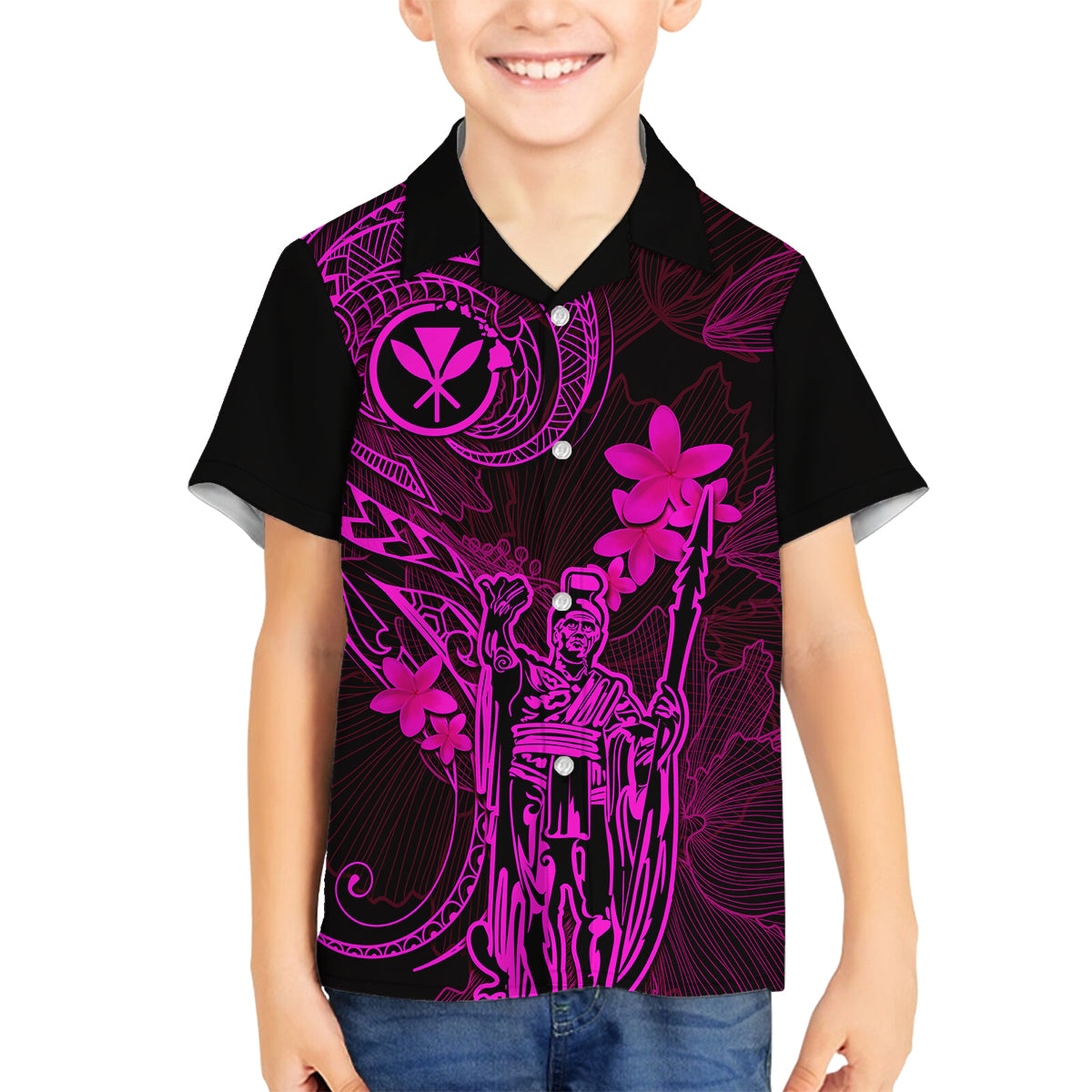 Hawaii Family Matching Puletasi Dress and Hawaiian Shirt King Kamehameha Mix Polynesian Plumeria Pink Version LT14 Son's Shirt Pink - Polynesian Pride
