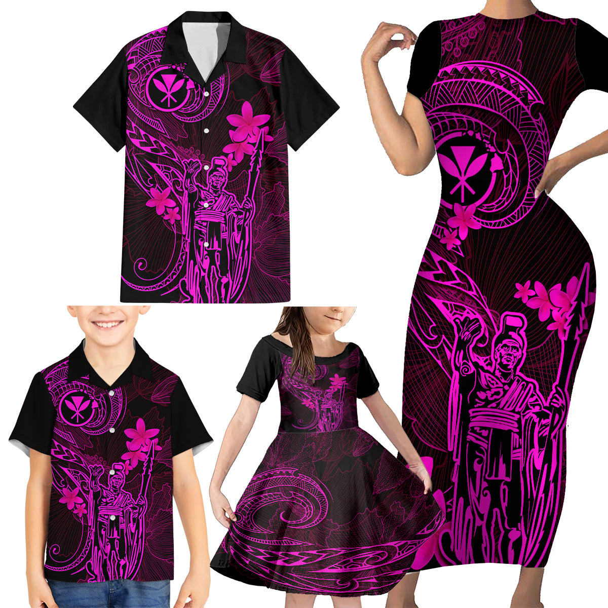 Hawaii Family Matching Short Sleeve Bodycon Dress and Hawaiian Shirt King Kamehameha Mix Polynesian Plumeria Pink Version LT14 - Polynesian Pride