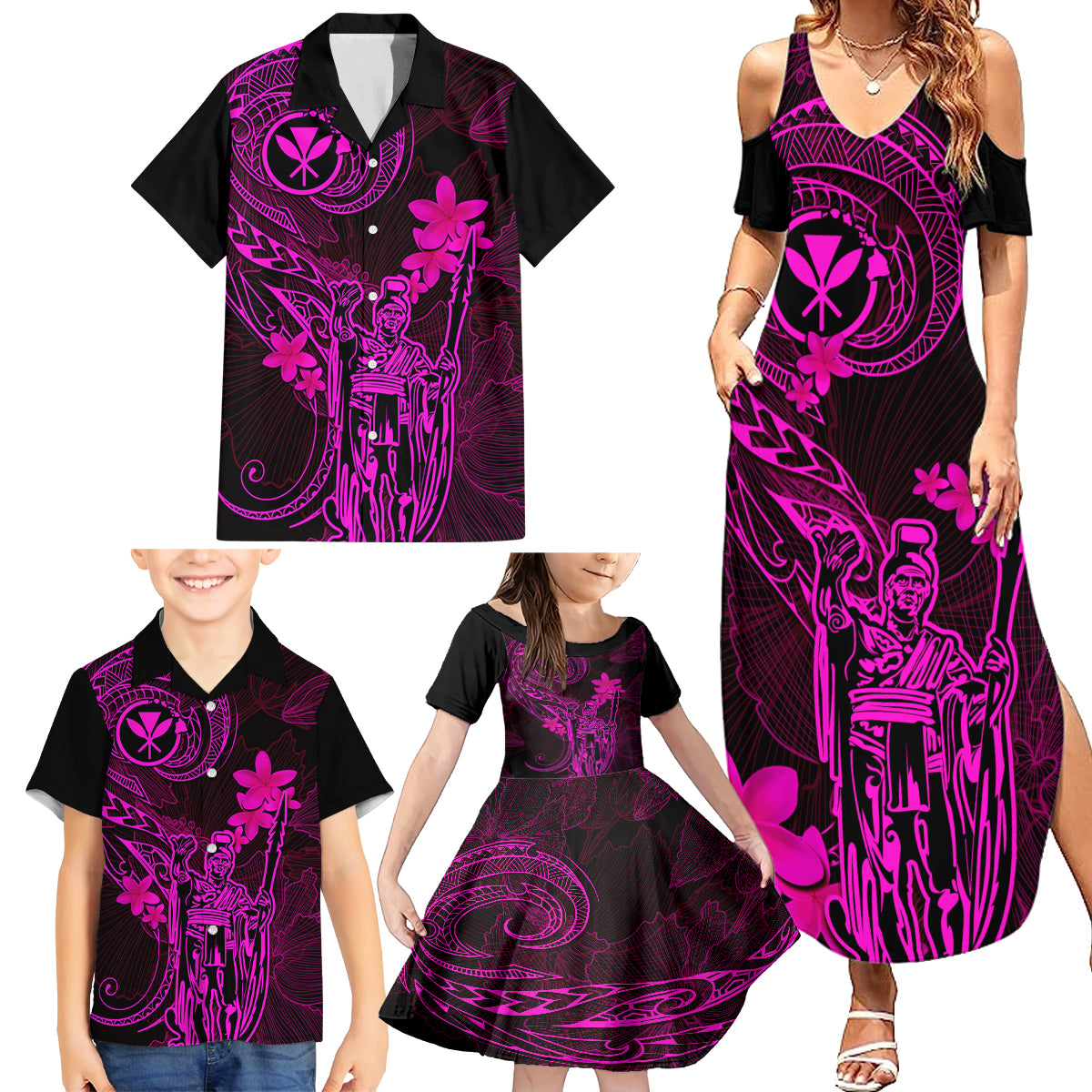 Hawaii Family Matching Summer Maxi Dress and Hawaiian Shirt King Kamehameha Mix Polynesian Plumeria Pink Version LT14 - Polynesian Pride