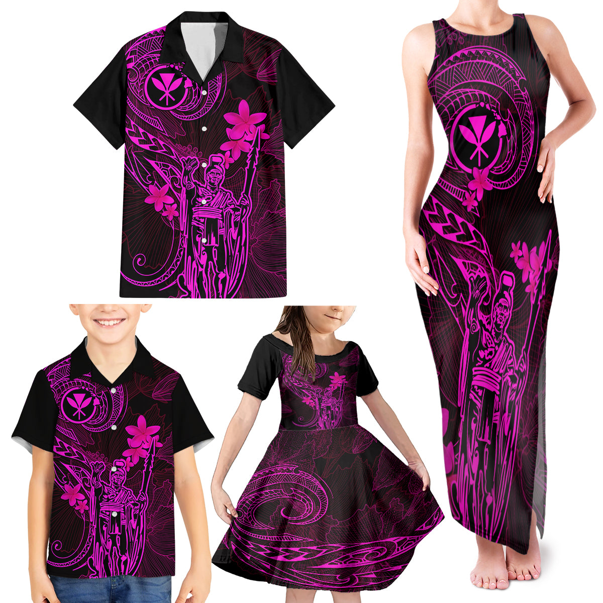 Hawaii Family Matching Tank Maxi Dress and Hawaiian Shirt King Kamehameha Mix Polynesian Plumeria Pink Version LT14 - Polynesian Pride