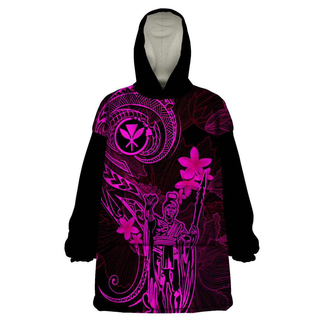 Hawaii Wearable Blanket Hoodie King Kamehameha Mix Polynesian Plumeria Pink Version LT14 One Size Pink - Polynesian Pride