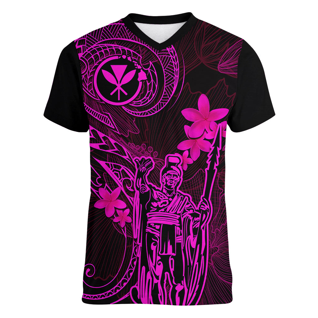 Hawaii Women V Neck T Shirt King Kamehameha Mix Polynesian Plumeria Pink Version LT14 Female Pink - Polynesian Pride