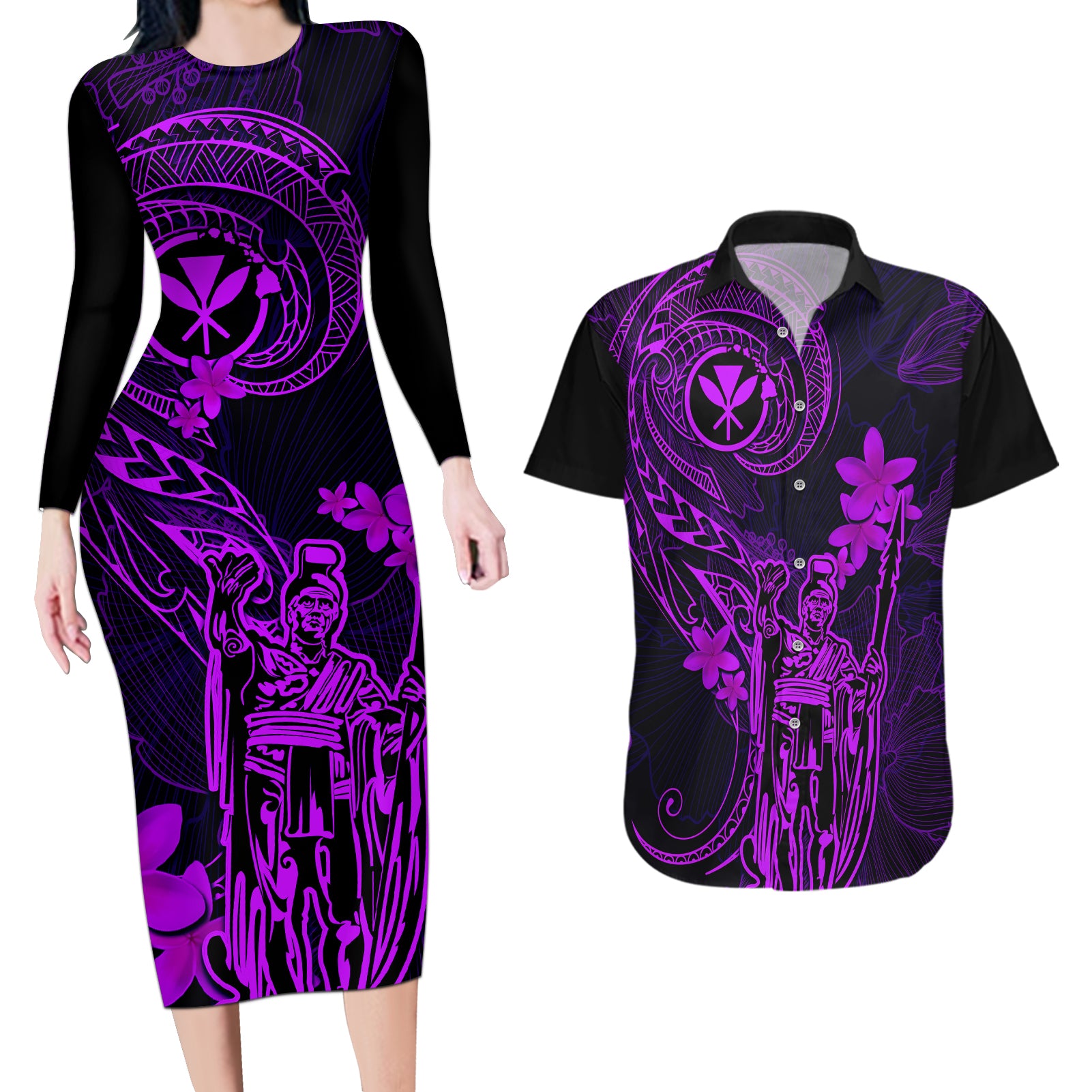 Hawaii Couples Matching Long Sleeve Bodycon Dress and Hawaiian Shirt King Kamehameha Mix Polynesian Plumeria Purple Version LT14 Purple - Polynesian Pride