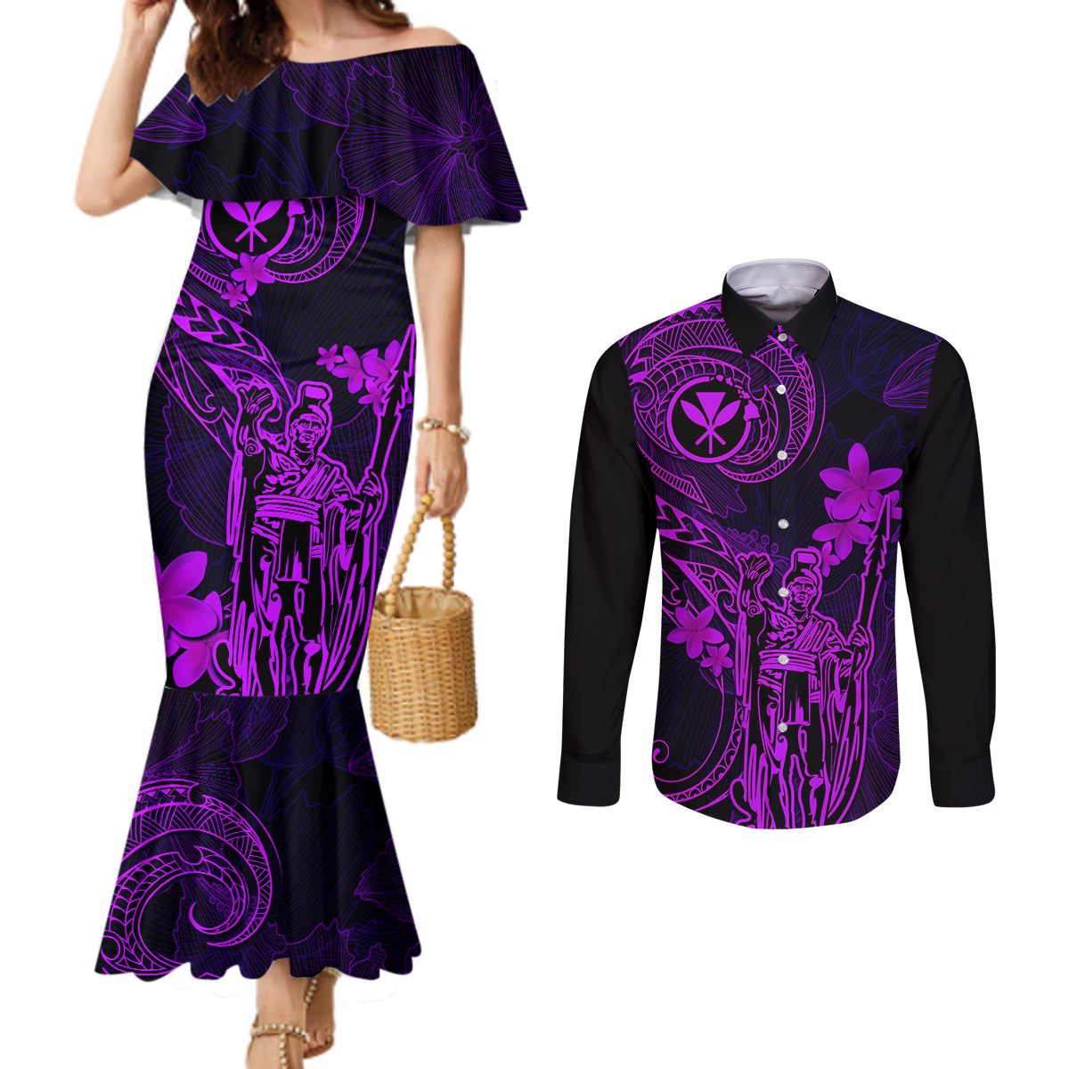 Hawaii Couples Matching Mermaid Dress and Long Sleeve Button Shirts King Kamehameha Mix Polynesian Plumeria Purple Version LT14 Purple - Polynesian Pride