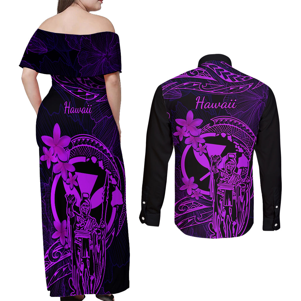 Hawaii Couples Matching Off Shoulder Maxi Dress and Long Sleeve Button Shirts King Kamehameha Mix Polynesian Plumeria Purple Version LT14 - Polynesian Pride