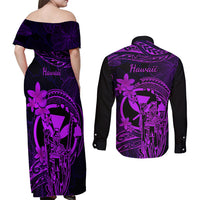 Hawaii Couples Matching Off Shoulder Maxi Dress and Long Sleeve Button Shirts King Kamehameha Mix Polynesian Plumeria Purple Version LT14 - Polynesian Pride