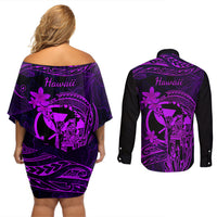 Hawaii Couples Matching Off Shoulder Short Dress and Long Sleeve Button Shirts King Kamehameha Mix Polynesian Plumeria Purple Version LT14 - Polynesian Pride