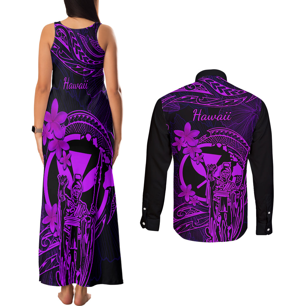 Hawaii Couples Matching Tank Maxi Dress and Long Sleeve Button Shirts King Kamehameha Mix Polynesian Plumeria Purple Version LT14 - Polynesian Pride