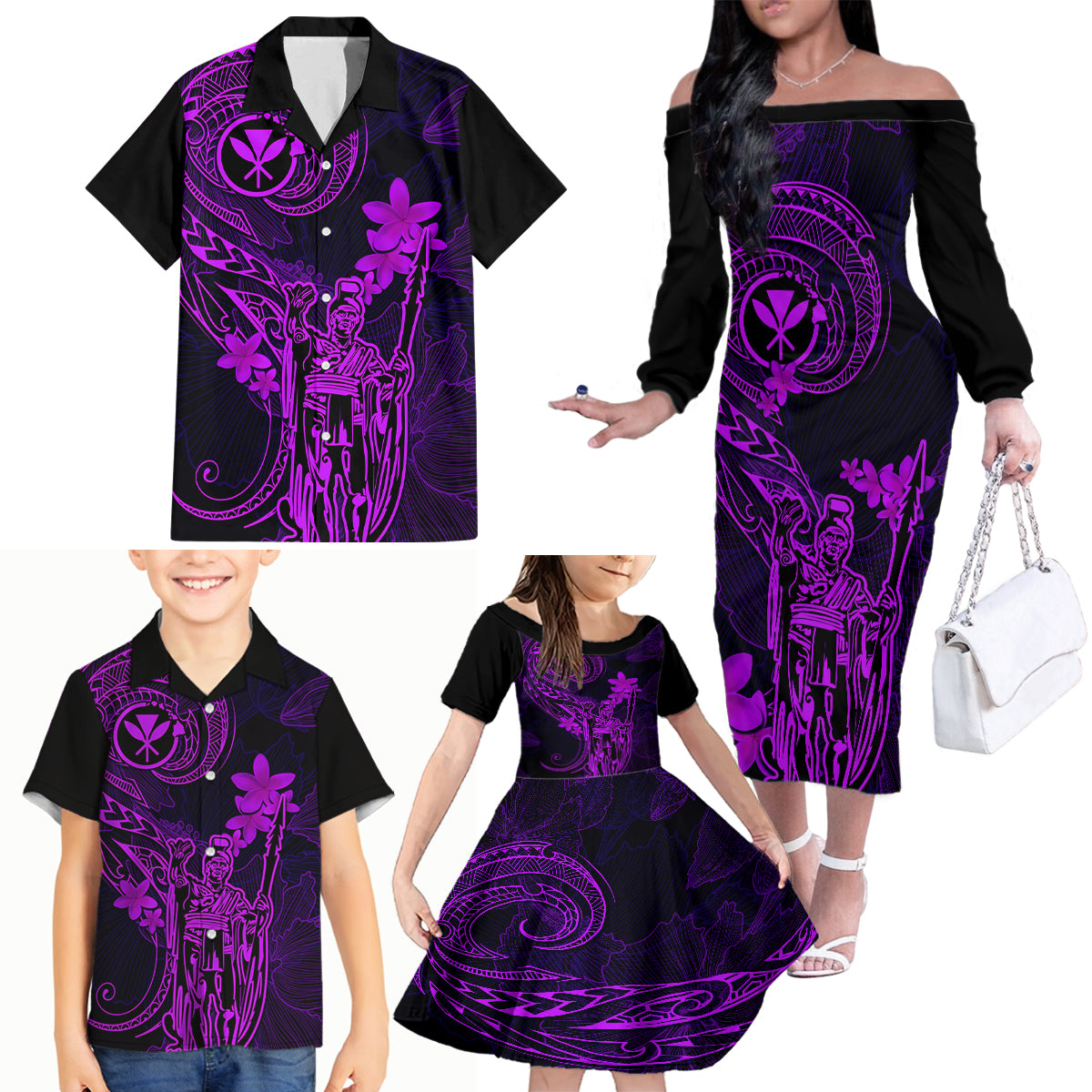 Hawaii Family Matching Off Shoulder Long Sleeve Dress and Hawaiian Shirt King Kamehameha Mix Polynesian Plumeria Purple Version LT14 - Polynesian Pride