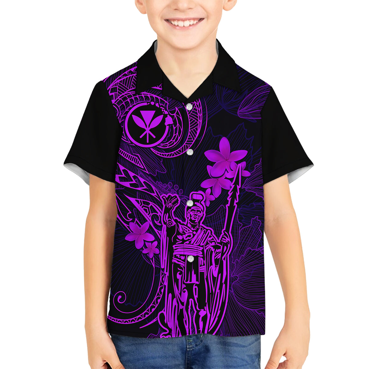 Hawaii Family Matching Off Shoulder Maxi Dress and Hawaiian Shirt King Kamehameha Mix Polynesian Plumeria Purple Version LT14 Son's Shirt Purple - Polynesian Pride