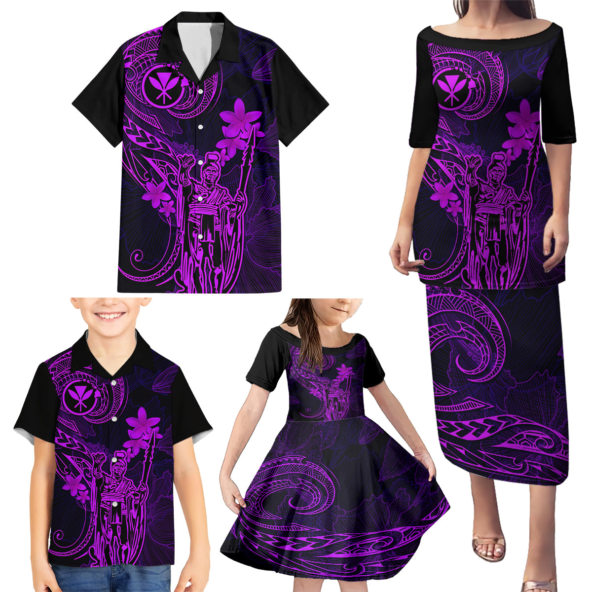 Hawaii Family Matching Puletasi Dress and Hawaiian Shirt King Kamehameha Mix Polynesian Plumeria Purple Version LT14 - Polynesian Pride