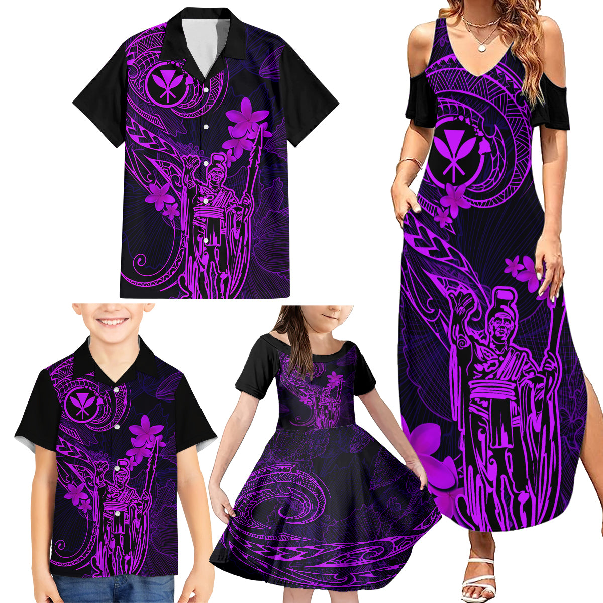 Hawaii Family Matching Summer Maxi Dress and Hawaiian Shirt King Kamehameha Mix Polynesian Plumeria Purple Version LT14 - Polynesian Pride