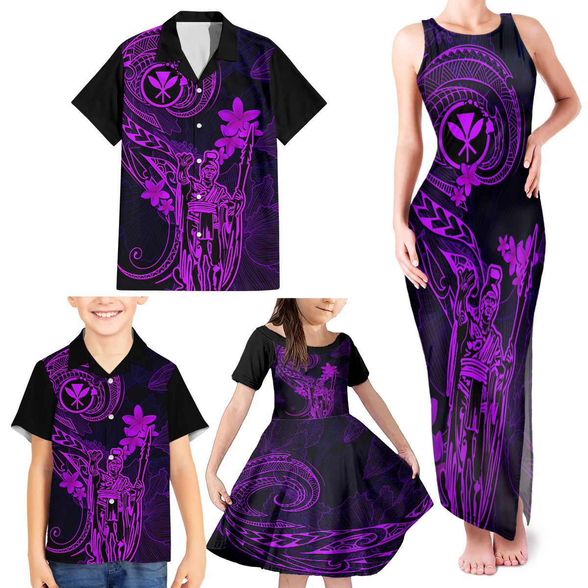 Hawaii Family Matching Tank Maxi Dress and Hawaiian Shirt King Kamehameha Mix Polynesian Plumeria Purple Version LT14 - Polynesian Pride