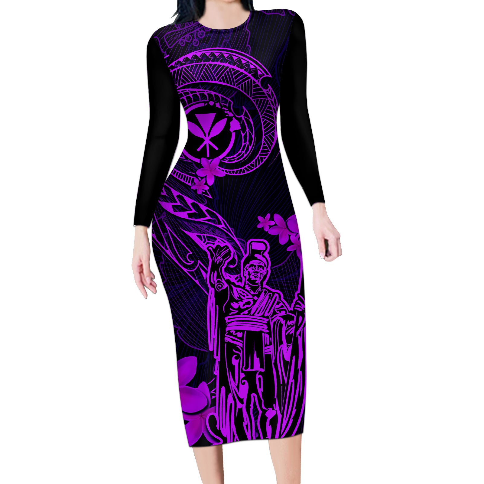 Hawaii Long Sleeve Bodycon Dress King Kamehameha Mix Polynesian Plumeria Purple Version LT14 Long Dress Purple - Polynesian Pride