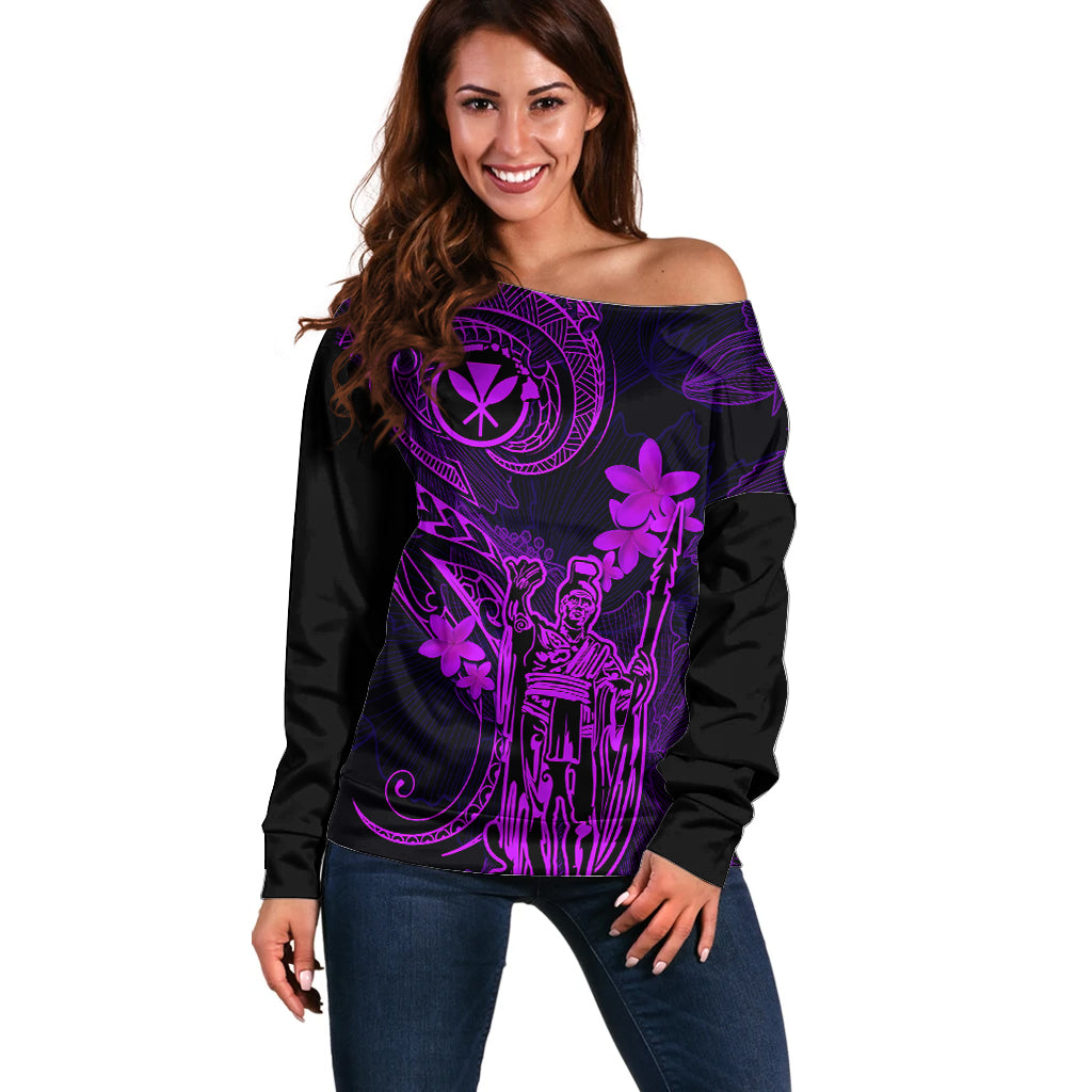 Hawaii Off Shoulder Sweater King Kamehameha Mix Polynesian Plumeria Purple Version LT14 Women Purple - Polynesian Pride