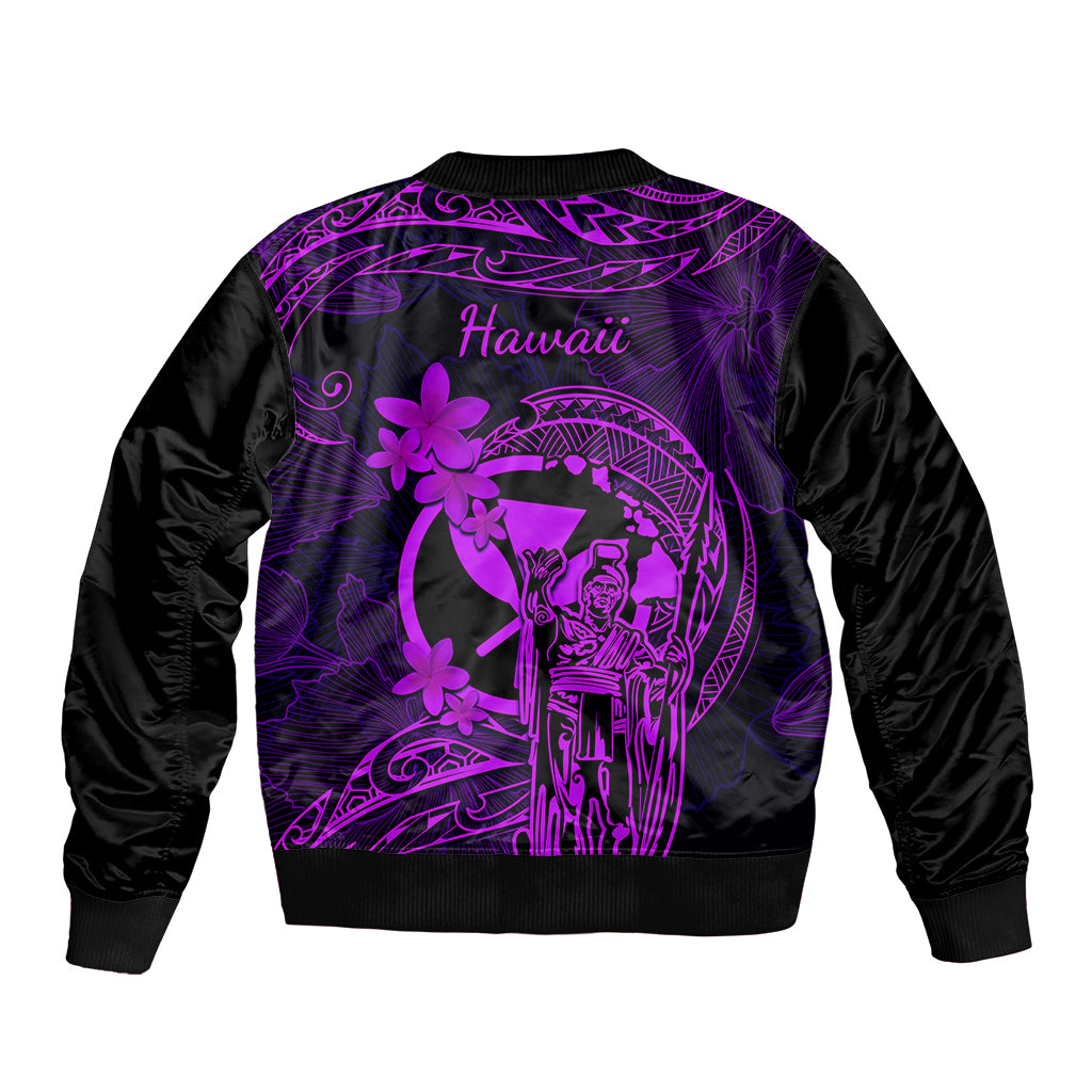 Hawaii Sleeve Zip Bomber Jacket King Kamehameha Mix Polynesian Plumeria Purple Version LT14 - Polynesian Pride
