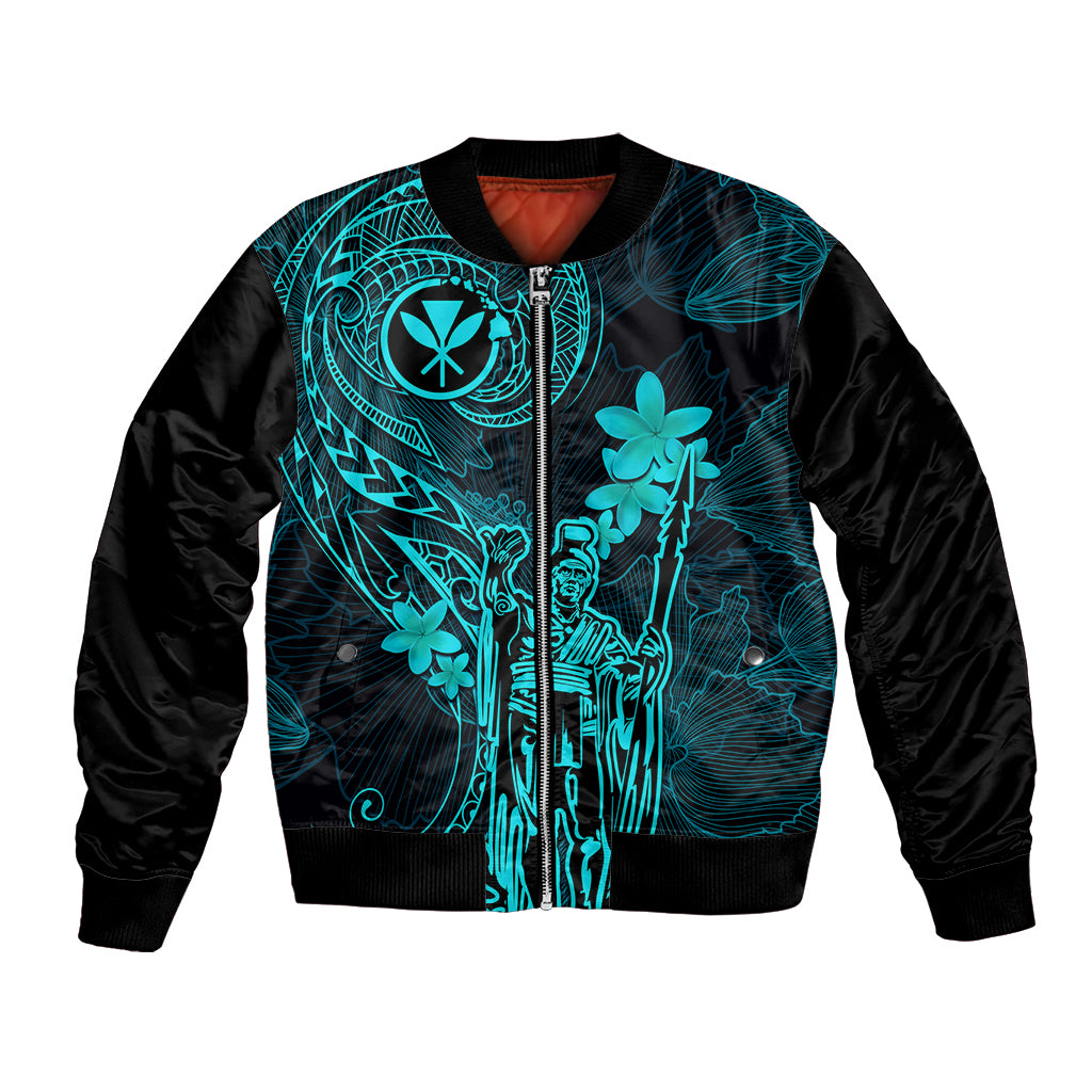 Hawaii Bomber Jacket King Kamehameha Mix Polynesian Plumeria Turquoise Version LT14 Unisex Turquoise - Polynesian Pride
