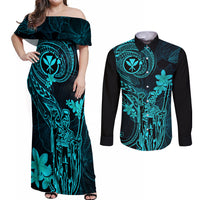 Hawaii Couples Matching Off Shoulder Maxi Dress and Long Sleeve Button Shirts King Kamehameha Mix Polynesian Plumeria Turquoise Version LT14 Turquoise - Polynesian Pride