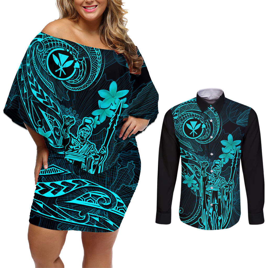 Hawaii Couples Matching Off Shoulder Short Dress and Long Sleeve Button Shirts King Kamehameha Mix Polynesian Plumeria Turquoise Version LT14 Turquoise - Polynesian Pride