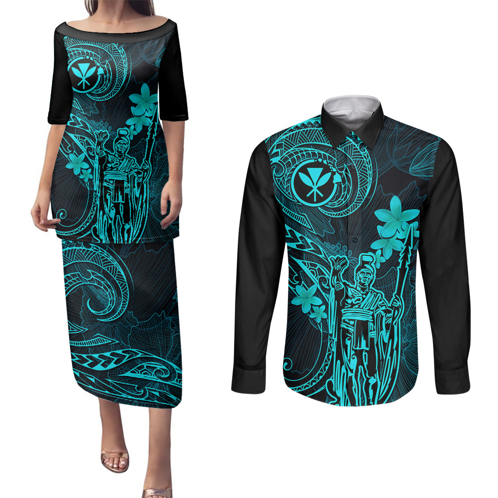 Hawaii Couples Matching Puletasi Dress and Long Sleeve Button Shirts King Kamehameha Mix Polynesian Plumeria Turquoise Version LT14 Turquoise - Polynesian Pride
