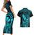 Hawaii Couples Matching Short Sleeve Bodycon Dress and Hawaiian Shirt King Kamehameha Mix Polynesian Plumeria Turquoise Version LT14 - Polynesian Pride