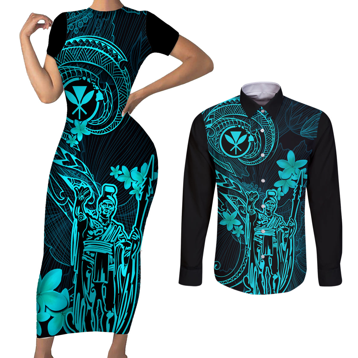 Hawaii Couples Matching Short Sleeve Bodycon Dress and Long Sleeve Button Shirts King Kamehameha Mix Polynesian Plumeria Turquoise Version LT14 Turquoise - Polynesian Pride