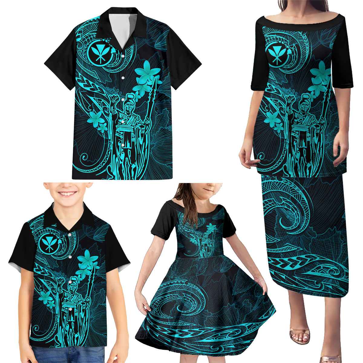 Hawaii Family Matching Puletasi Dress and Hawaiian Shirt King Kamehameha Mix Polynesian Plumeria Turquoise Version LT14 - Polynesian Pride