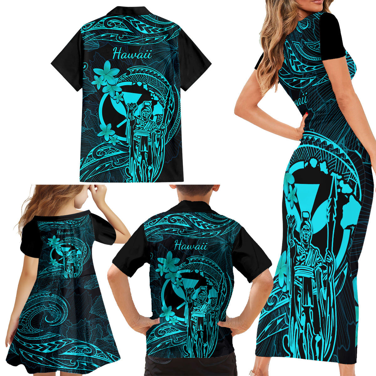 Hawaii Family Matching Short Sleeve Bodycon Dress and Hawaiian Shirt King Kamehameha Mix Polynesian Plumeria Turquoise Version LT14 - Polynesian Pride