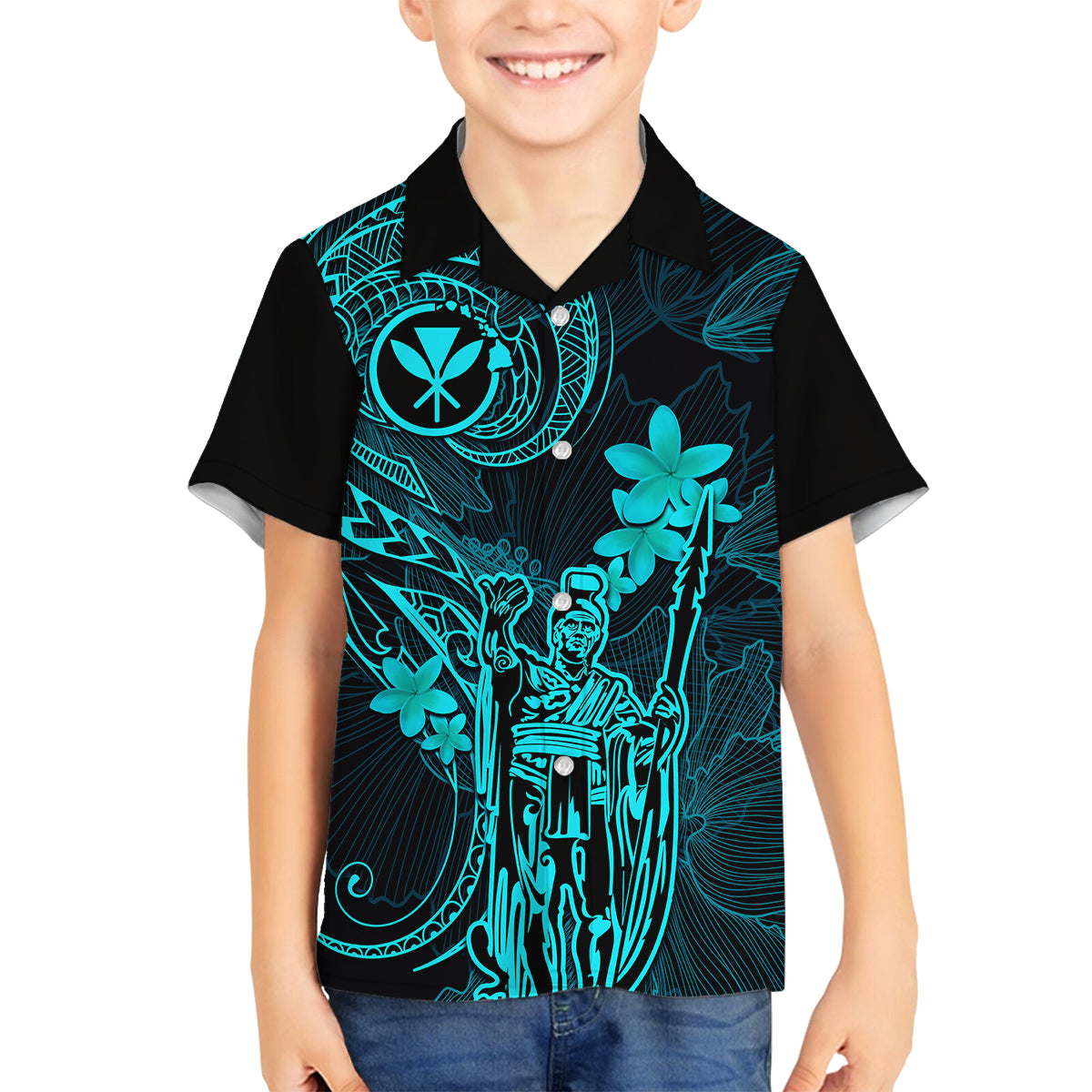 Hawaii Family Matching Short Sleeve Bodycon Dress and Hawaiian Shirt King Kamehameha Mix Polynesian Plumeria Turquoise Version LT14 Son's Shirt Turquoise - Polynesian Pride