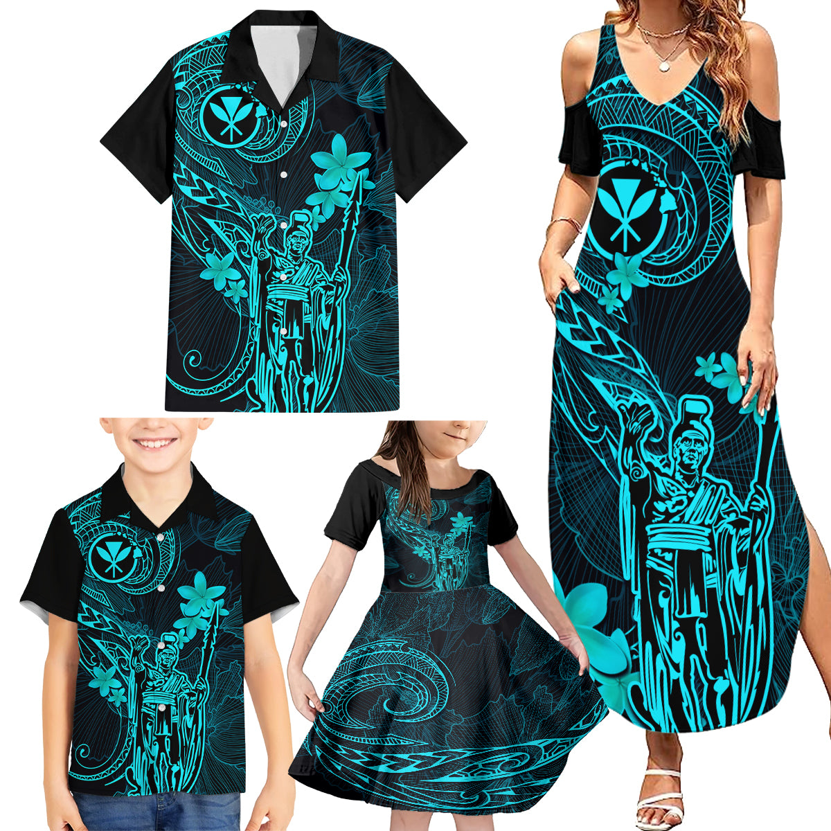 Hawaii Family Matching Summer Maxi Dress and Hawaiian Shirt King Kamehameha Mix Polynesian Plumeria Turquoise Version LT14 - Polynesian Pride
