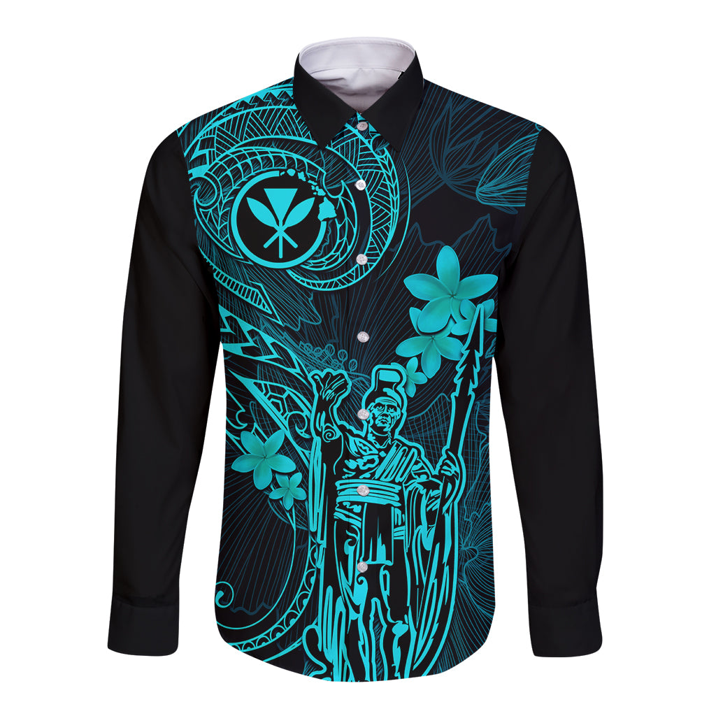 Hawaii Long Sleeve Button Shirt King Kamehameha Mix Polynesian Plumeria Turquoise Version LT14 Unisex Turquoise - Polynesian Pride