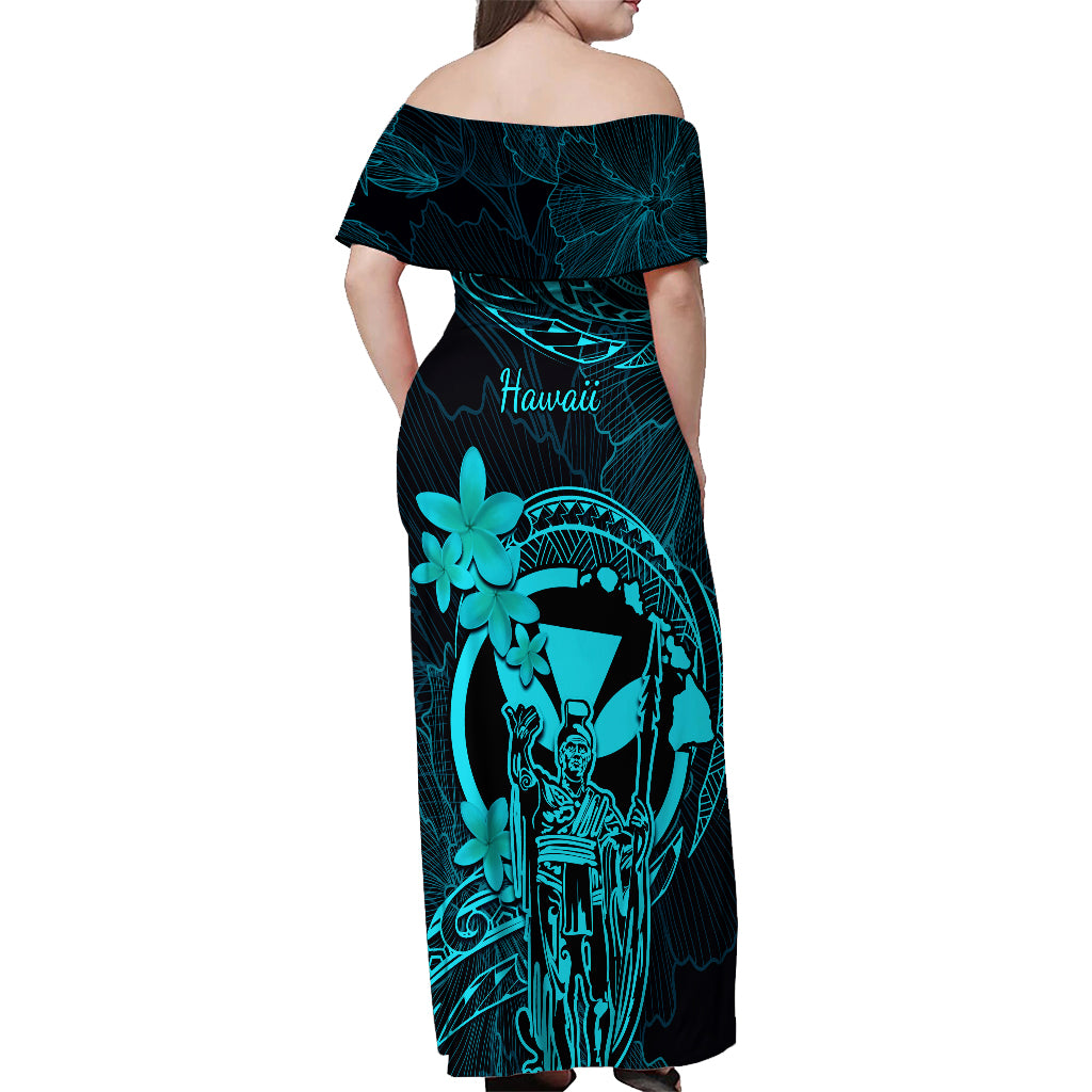 Hawaii Off Shoulder Maxi Dress King Kamehameha Mix Polynesian Plumeria Turquoise Version LT14 - Polynesian Pride