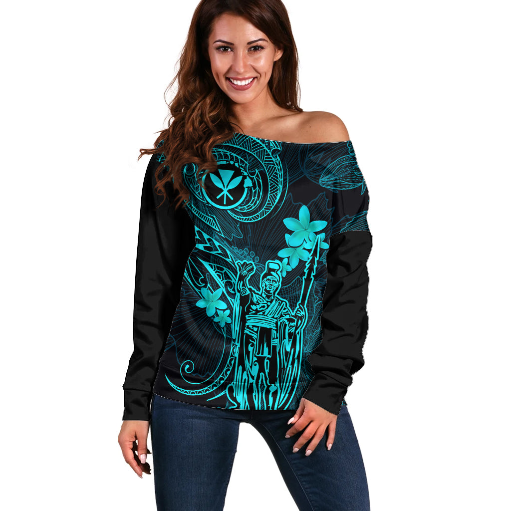 Hawaii Off Shoulder Sweater King Kamehameha Mix Polynesian Plumeria Turquoise Version LT14 Women Turquoise - Polynesian Pride