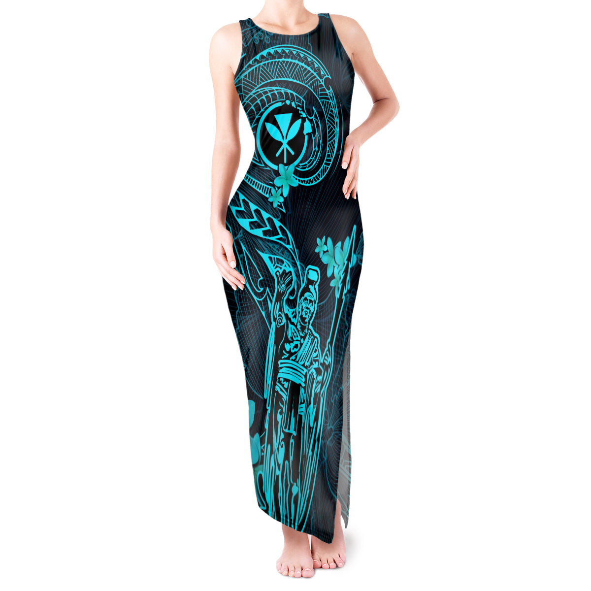 Hawaii Tank Maxi Dress King Kamehameha Mix Polynesian Plumeria Turquoise Version LT14 Women Turquoise - Polynesian Pride