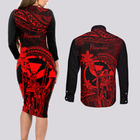Hawaii Couples Matching Long Sleeve Bodycon Dress and Long Sleeve Button Shirts King Kamehameha Mix Polynesian Plumeria Red Version LT14 - Polynesian Pride