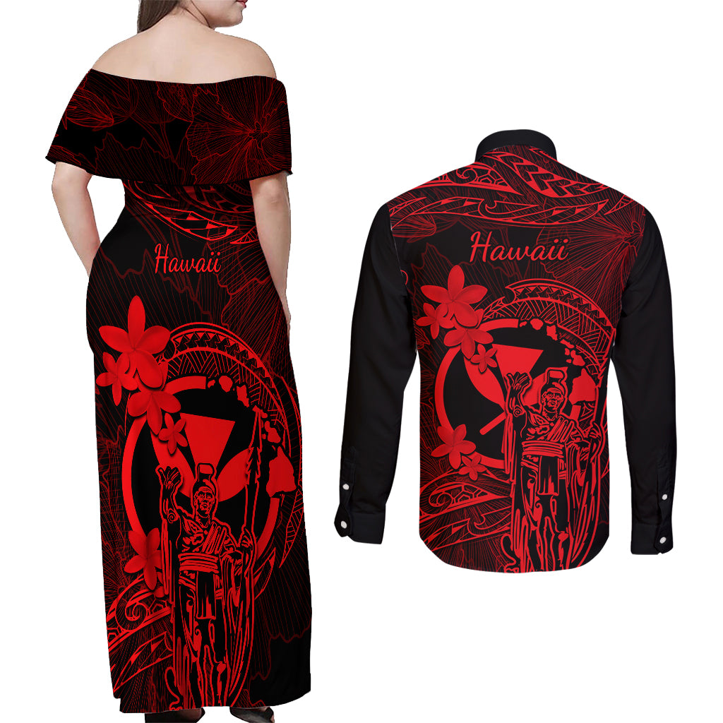 Hawaii Couples Matching Off Shoulder Maxi Dress and Long Sleeve Button Shirts King Kamehameha Mix Polynesian Plumeria Red Version LT14 - Polynesian Pride
